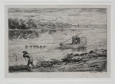 A viagem de barco: Cabine transportando a corda de reboque ou rebocando por corda, 1861. de Charles Francois Daubigny