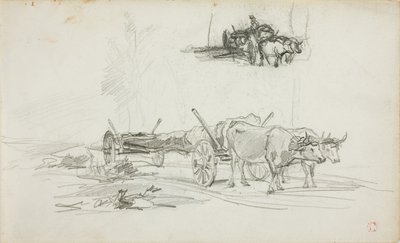 Dois esboços de bois a puxar um tronco de Charles Francois Daubigny