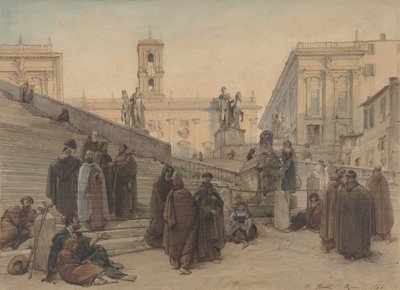 O Campidoglio visto da Escadaria da Igreja do Aracoeli, Roma, ao pôr do sol, 1846. de Charles Francois Houel