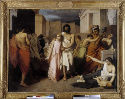 Édipo e Antígona também diz "A praga de Tebas". Édipo a fugir da maldição dos habitantes de Charles François Jalabert