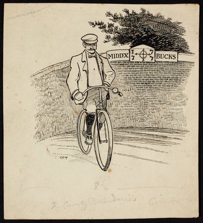 Um homem numa bicicleta em frente de um sinal que marca a fronteira do condado entre Middlesex e Buckinghamshire de Charles George Harper