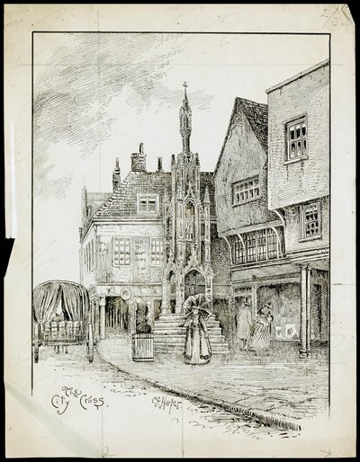 Uma vista do noroeste da Butter Cross, High Street, Winchester, Hampshire (caneta e tinta sobre papel) de Charles George Harper