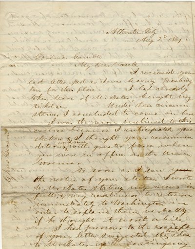 Carta assinada por C. Gibson [Charles Gibson], Atlantic City, ao Governador Gamble [Hamilton R. Gamble], 2 de agosto de 1861 de Charles Gibson