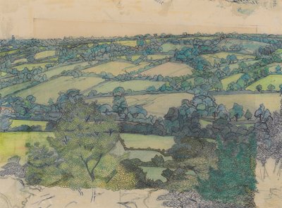 Applehayes, c.1912 (lápis, lápis de cera, caneta e tinta azul sobre papel) de Charles Ginner