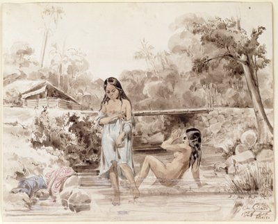 Taitianos tomando banho, 1844 (caneta e lavar no papel) de Charles Giraud