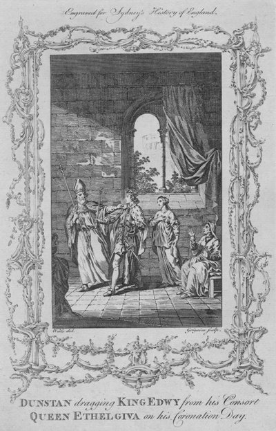 Dunstan arrastando o rei Edwy de sua rainha Ethelgiva em seu dia de coroação, 1773. de Charles Grignion