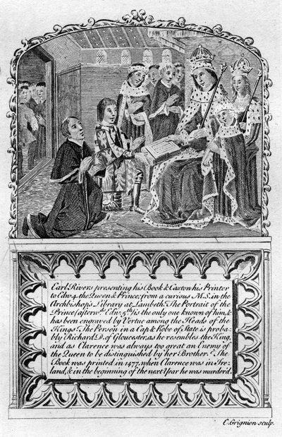 Earl Rivers apresenta seu livro ao rei Edward IV, c1477, final do século XVIII ou início do século XIX de Charles Grignion