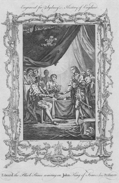 Eduardo, o Príncipe Negro, esperando John King da França, seu Prisioneiro, 1773. de Charles Grignion