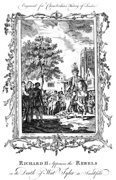 O rei Ricardo II apazigua os rebeldes pela morte de Wat Tyler, Smithfield, no século XIX. de Charles Grignion