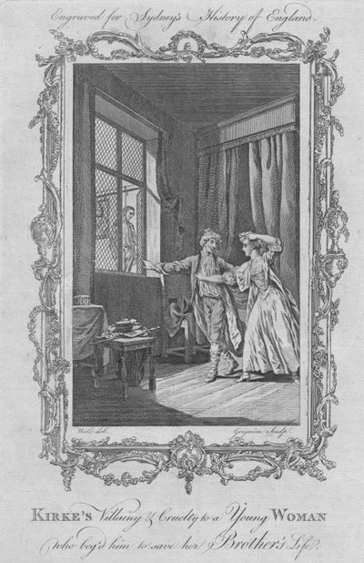 Vilania e crueldade de Kirkes para uma jovem que o implorou para salvar a vida de seus irmãos, 1773. de Charles Grignion