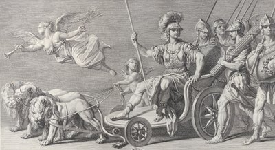 Marte em uma carruagem puxada por três leões, 1749. de Charles Grignion