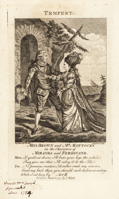 Miss Ann Brown e Mr George Mattocks nas personagens de Miranda e Ferdinand numa versão lírica de William Shakespeares The Tempest, Covent Garden Theatre de Charles Grignion