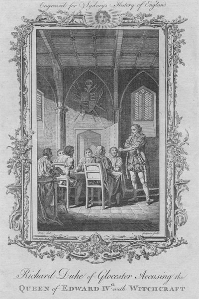 Richard Duke de Gloucester acusando a rainha de Eduardo IV com bruxaria, 1773. de Charles Grignion