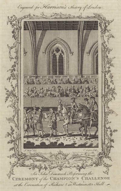 Sir John Dimmock Realizando a Cerimônia do Desafio dos Campeões na Coroação de Ricardo II em Westminster Hall, 1377 de Charles Grignion