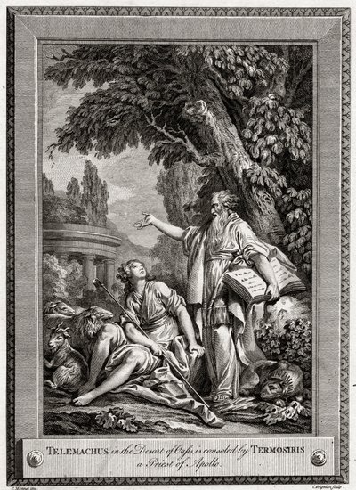 Telêmaco, no deserto do oásis, é consolado por Termosiris, um sacerdote de Apolo, 1774. de Charles Grignion