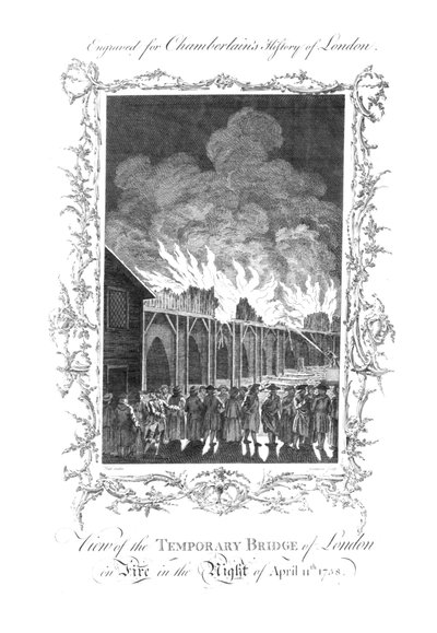 Vista da ponte temporária de Londres em chamas ... 1758., C1770 de Charles Grignion