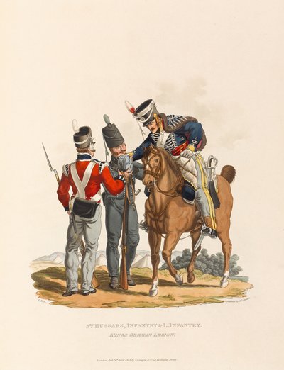 3º Hussardos, Infantaria e Infantaria Ligeira. Reis da Legião Alemã, c.1815 (aquatint) de Charles Hamilton (after) Smith