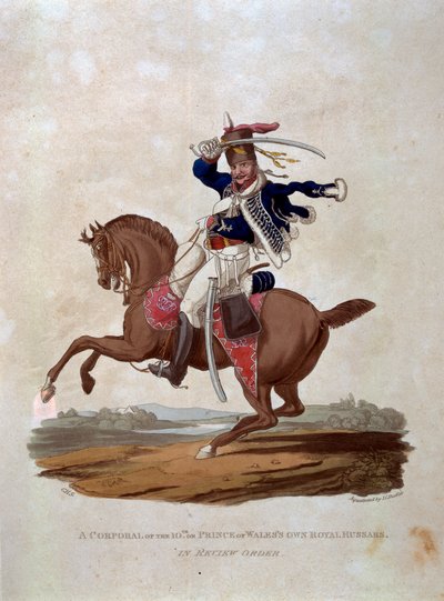 Um cabo do 10º, ou os próprios Hussardos Reais do Príncipe de Gales em Ordem de Revisão, de "Figurinos do Exército do Império Britânico, de acordo com os últimos regulamentos de 1812", gravados por JC Stadler, pub de Charles Hamilton Smith