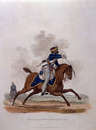 Um soldado dos 13º Dragões da Luz, de "Figurinos do Exército do Império Britânico, de acordo com as últimas regulamentações de 1812", gravados por JC Stadler, publicado por Colnaghi und Co. 1812-15 (colorido de Charles Hamilton Smith