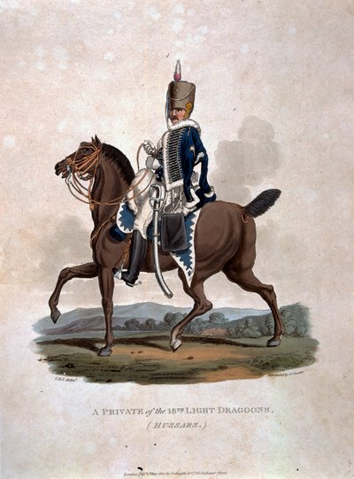 Um soldado dos 18º Dragões de Luz (Hussardos) de &39;Trajes do Exército do Império Britânico, de acordo com os últimos regulamentos de 1812&39;, gravados por JC Stadler, publicado por Colnaghi und Co. 1812-15 de Charles Hamilton Smith