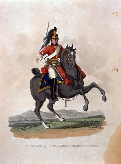 Um soldado do 1º, ou Guarda do Dragão do Rei, de "Figurinos do Exército do Império Britânico, de acordo com os últimos regulamentos 1812", gravados por JC Stadler, publicado por Colnaghi und Co. 1812-15 de Charles Hamilton Smith