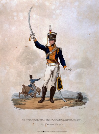 Um oficial dos 14º Dragões de Luz em Desfile de Roupas, de "Roupas do Exército do Império Britânico, de acordo com as últimas regulamentações de 1812", gravadas por JC Stadler, publicadas pela Colnaghi und Co. de Charles Hamilton Smith