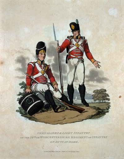 Granadeiros e Infantaria Ligeira do dia 29 ou, Regimento Worcestershire de Infantaria em Dever em Casa, de &39;Trajes do Exército do Império Britânico, de acordo com os últimos regulamentos 1812&39;, gravado b de Charles Hamilton Smith