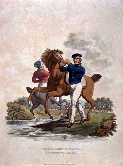 Cavalaria Pesada e Ligeira na Ordem de Rega, de "Figurinos do Exército do Império Britânico, de acordo com os últimos regulamentos 1812", gravada por JC Stadler, publicada por Colnaghi und Co. 1812-15 (col de Charles Hamilton Smith