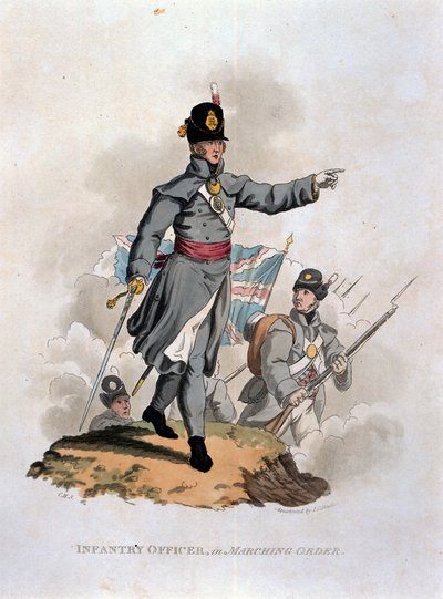 Oficial de Infantaria em Ordem de Marcha, de "Figurinos do Exército do Império Britânico, de acordo com as últimas regulamentações de 1812", gravada por JC Stadler, publicada por Colnaghi und Co. 1812-15 (pintada de cor de Charles Hamilton Smith