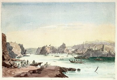 Riacho de Mascate (Omã). Pintura do Tenente-Coronel Charles Hamilton Smith (1776-1859) de Charles Hamilton Smith