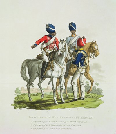 Tropas nativas no serviço da Companhia das Índias Orientais: um soldado da guarda corporal do governador-geral, um soldado da cavalaria regular de Bengala e um soldado do voluntário de Java, gravado por Joseph de Charles Hamilton Smith