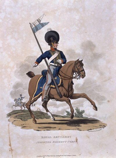 Artilharia Montada Rockett Corps, de "Figurinos do Exército do Império Britânico, de acordo com as últimas regulamentações de 1812", gravada por JC Stadler, publicada por Colnaghi und Co. 1812-15 (coloure de Charles Hamilton Smith