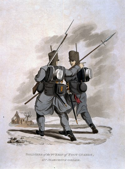 Soldados do 1º Regimento de Guardas de Pé em Ordem de Marcha, de "Figurinos do Exército do Império Britânico, de acordo com os últimos regulamentos 1812", gravados por JC Stadler, publicado por Colnagh de Charles Hamilton Smith