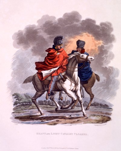 Uniforme de cavalaria pesada e leve camuflada, de "traje do Império Britânico, de acordo com os últimos regulamentos", publicado em 1815 (aquatinta colorido à mão) de Charles Hamilton Smith