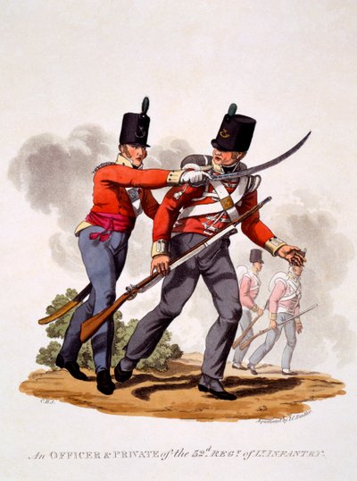 Uniforme de Oficial e Privado do 52. ° Reg. Of Light Infantry, gravada por Joseph Constantine Stadler (fl.1780-1812), 1812-15 (aquatinta colorida à mão) de Charles Hamilton Smith