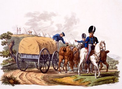 Uniforme dos Condutores Reais de Artilharia (com carroça e acampamento), de &39;Traje do Império Britânico, de acordo com o Último Regulamento&39;, publicado em 1812-15 (aquatinta colorido à mão) de Charles Hamilton Smith
