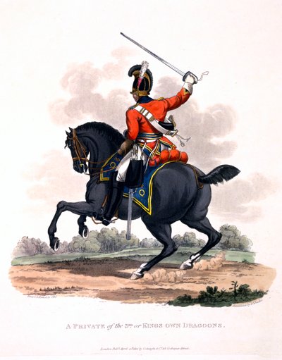 Uniforme de um soldado do 3º ou dos próprios dragões do rei, de &39;Fato do Império Britânico, de acordo com o último regulamento&39;, publicado em 1812 (aquatinta colorido à mão) de Charles Hamilton Smith