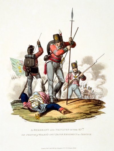 Uniforme de um Sargento e Privados do 87º ou do próprio Regimento Irlandês de Serviço do Príncipe de Gales, de &39;Traje do Império Britânico, de acordo com os Últimos Regulamentos&39;, publicado em 1813 (colunista à mão de Charles Hamilton Smith
