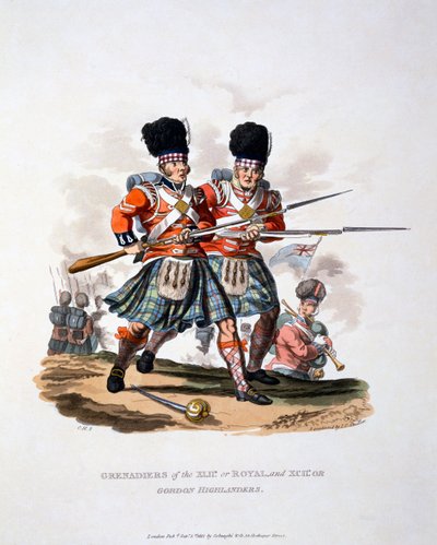 Uniforme dos Granadeiros da Royal e dos Highlanders Gordon, de &39;Traje do Império Britânico, de acordo com o último Regulamento&39;, publicado em 1812 (aquatint colorido à mão) de Charles Hamilton Smith