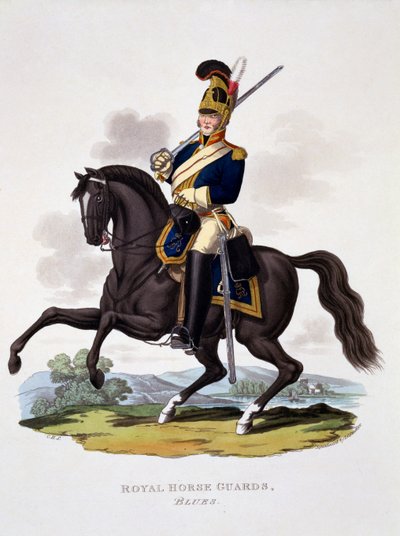 Uniforme da Guarda Real &39;The Blues&39;, de &39;Traje do Império Britânico, de acordo com o último Regulamento&39;, publicado em 1812-15 (aquatinta colorido à mão) de Charles Hamilton Smith