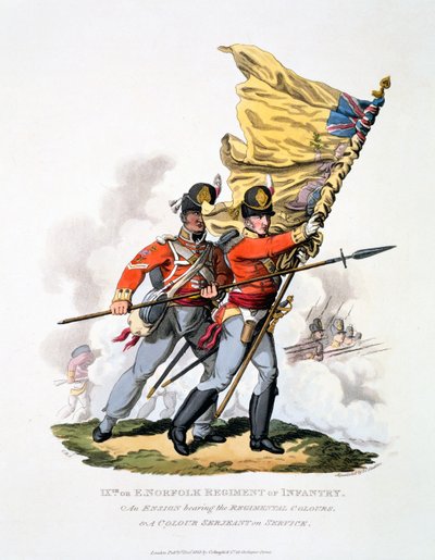 Uniforme e Cores do 9º ou Leste Regimento de Infantaria de Norfolk, de &39;Traje do Império Britânico, de acordo com o Último Regulamento&39;, publicado em 1813 (aquatinta colorido à mão) de Charles Hamilton Smith