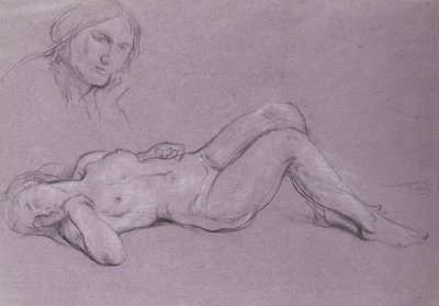 Estudo de uma figura feminina nua reclinada, com um estudo de uma cabeça de mulher descansando em sua mão de Charles Haslewood Shannon