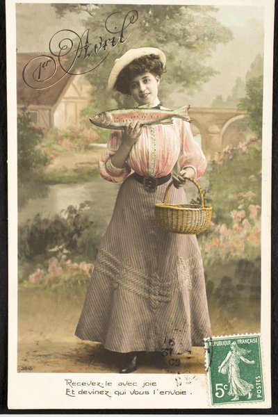 Cartão postal antigo/Abril Peixe/Mulher da Belle Epoque de Augustus Kollner