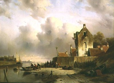 Um estuário com pescadores junto a um cais de Charles Henri Joseph Lieckert