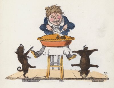 Rapaz a comer uma tarte enquanto o seu cão de estimação faz acrobacias (gravura colorida) de Charles Henry (after) Bennett