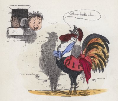 Rapaz acordado por um galo a cantar (gravura colorida) de Charles Henry (after) Bennett