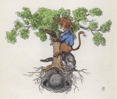 Vaca sobre uma árvore acima de um gato caçando ratos comendo queijo (gravura colorida) de Charles Henry (after) Bennett