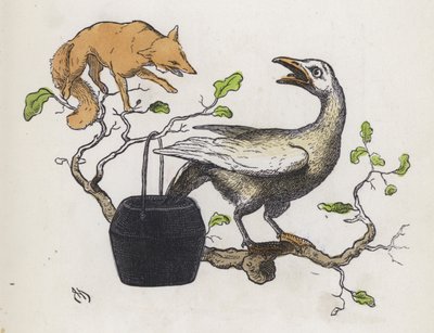 Raposa e um ganso com a cauda num pote de cola (gravação colorida) de Charles Henry (after) Bennett