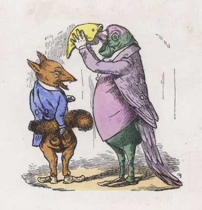 Raposa usando sua cauda para um muff e um papagaio tomando rapé (gravação colorida) de Charles Henry (after) Bennett