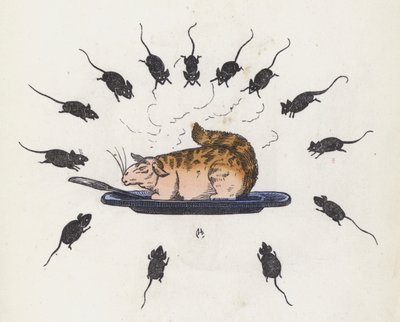 Gato glutão num prato rodeado de ratos esfomeados (gravação colorida) de Charles Henry (after) Bennett